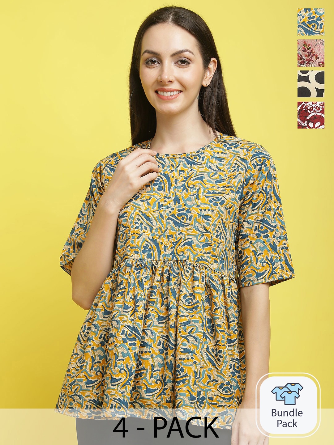 

Poshyaa Pack Of 4 Floral Printed Peplum Top, Yellow