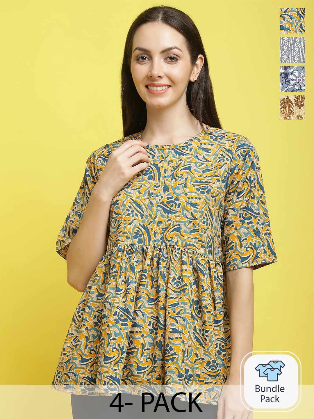 

Poshyaa Pack Of 4 Floral Printed Crepe Top, Yellow