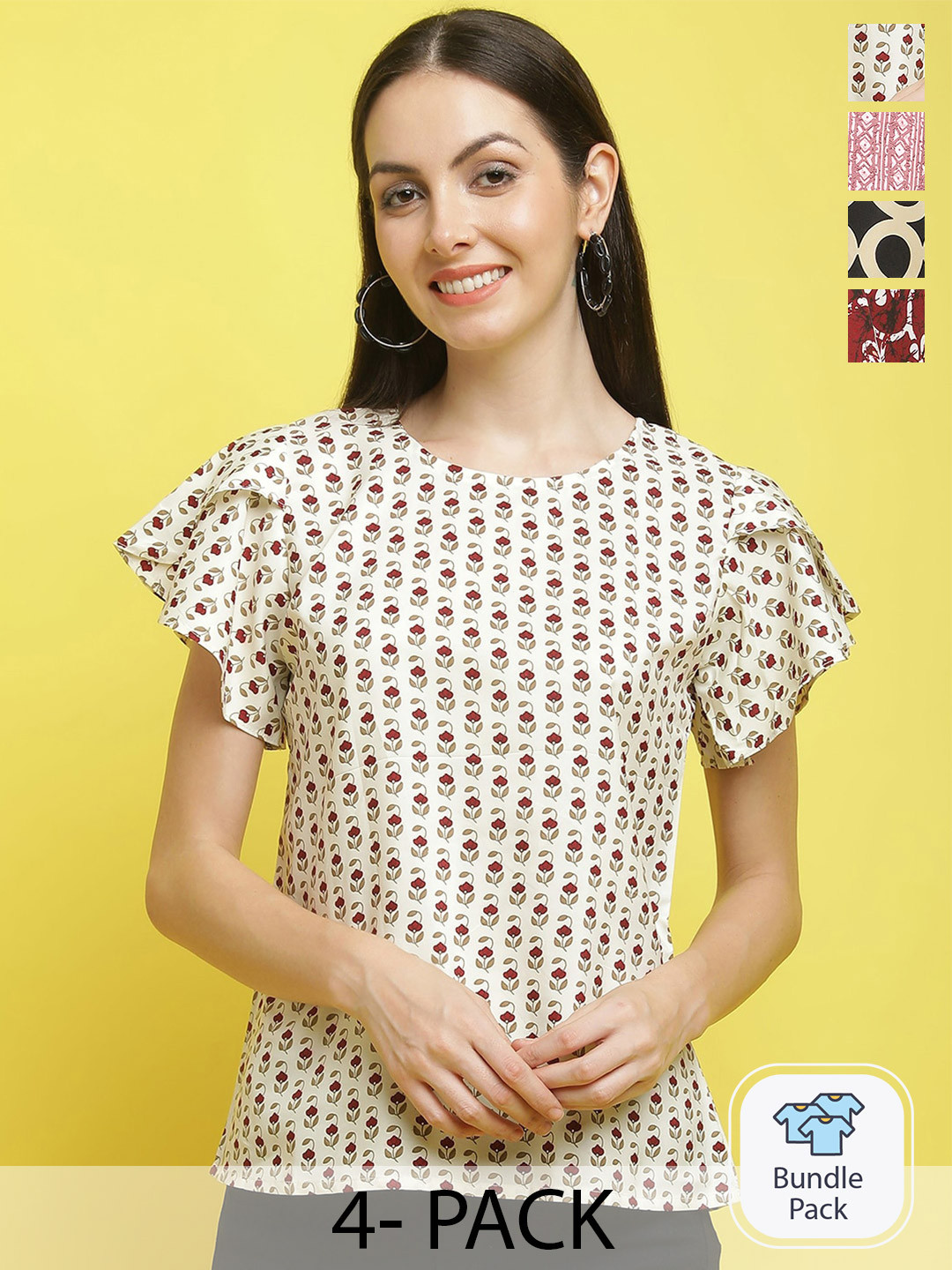 

Poshyaa Pack Of 4 Printed Flutter Sleeve Top, Beige