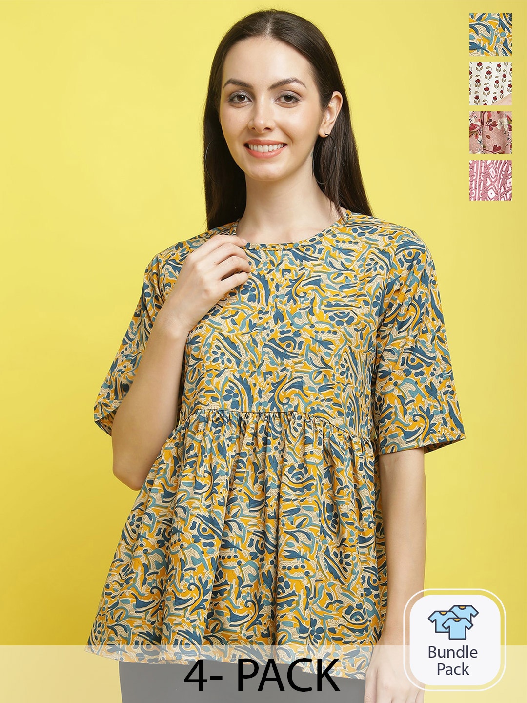

Poshyaa Pack Of 4 Floral Printed Crepe Top, Yellow