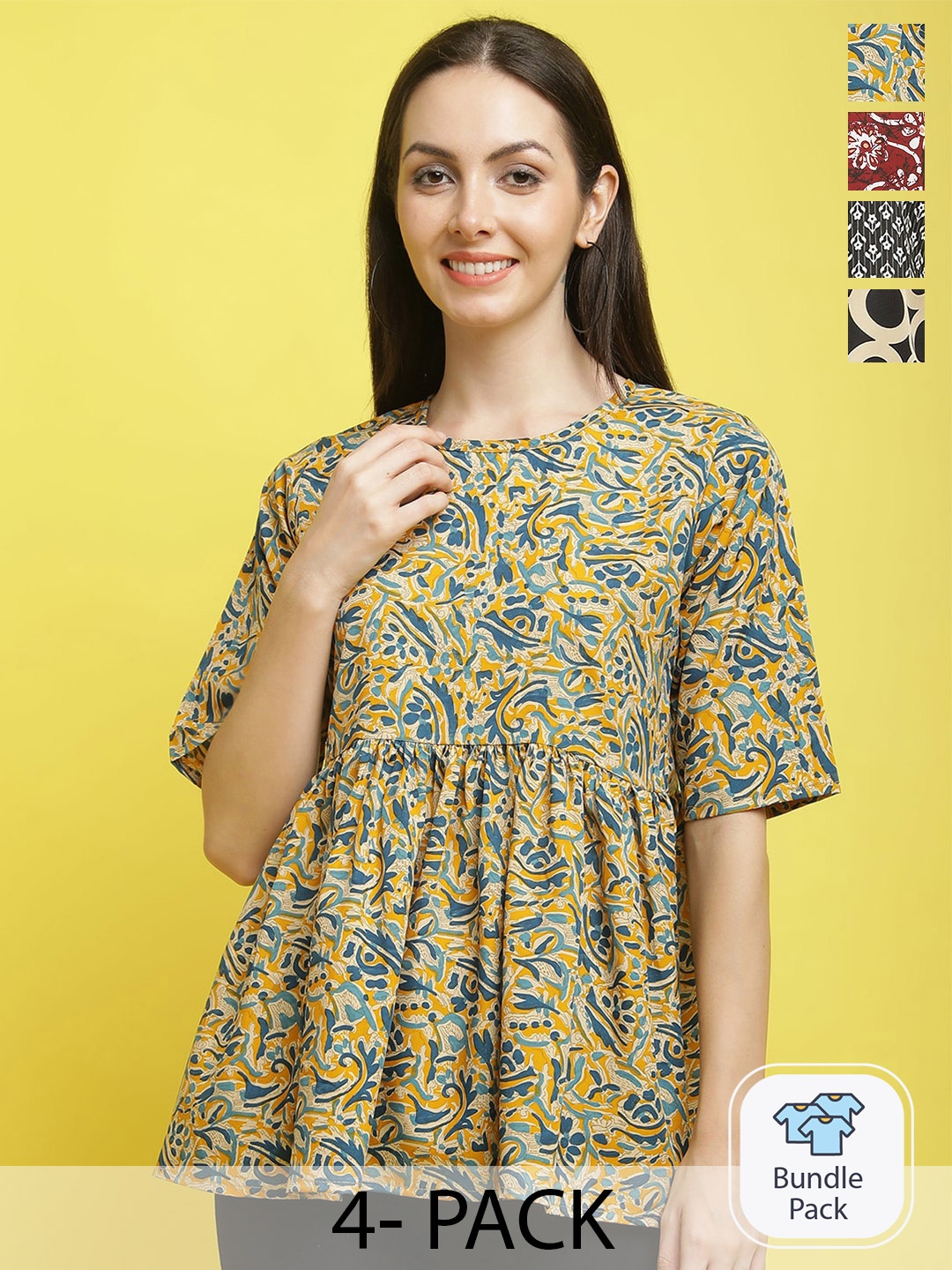 

Poshyaa Pack Of 4 Floral Printed Regular Top, Yellow