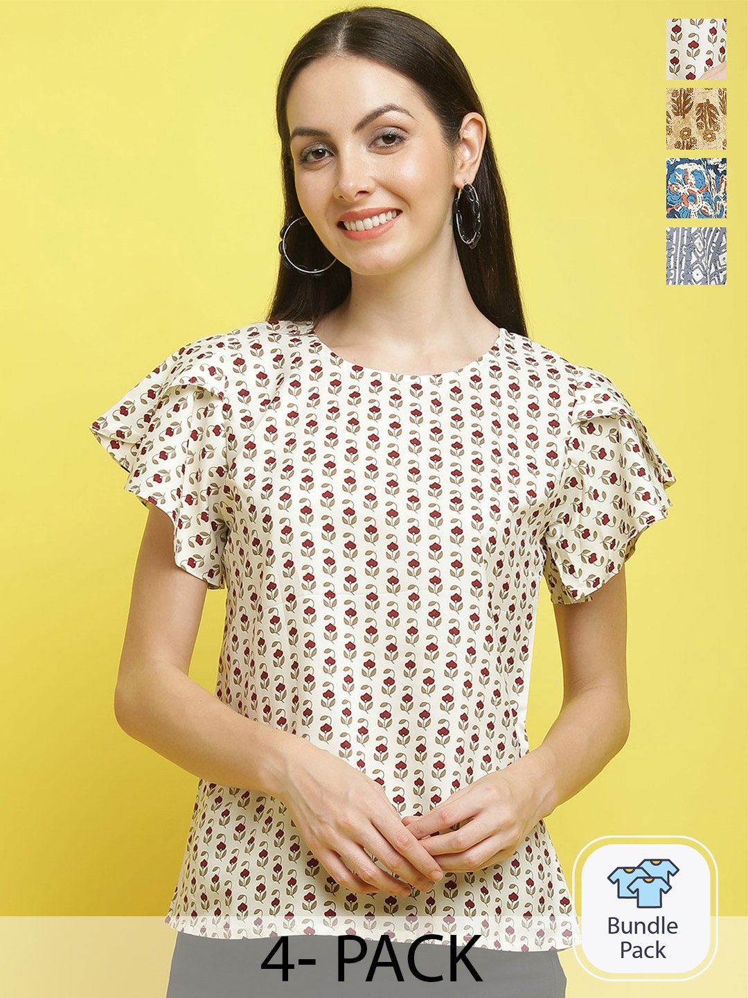 

Poshyaa Pack Of 4 Ethnic Motifs Printed Crepe Top, Beige