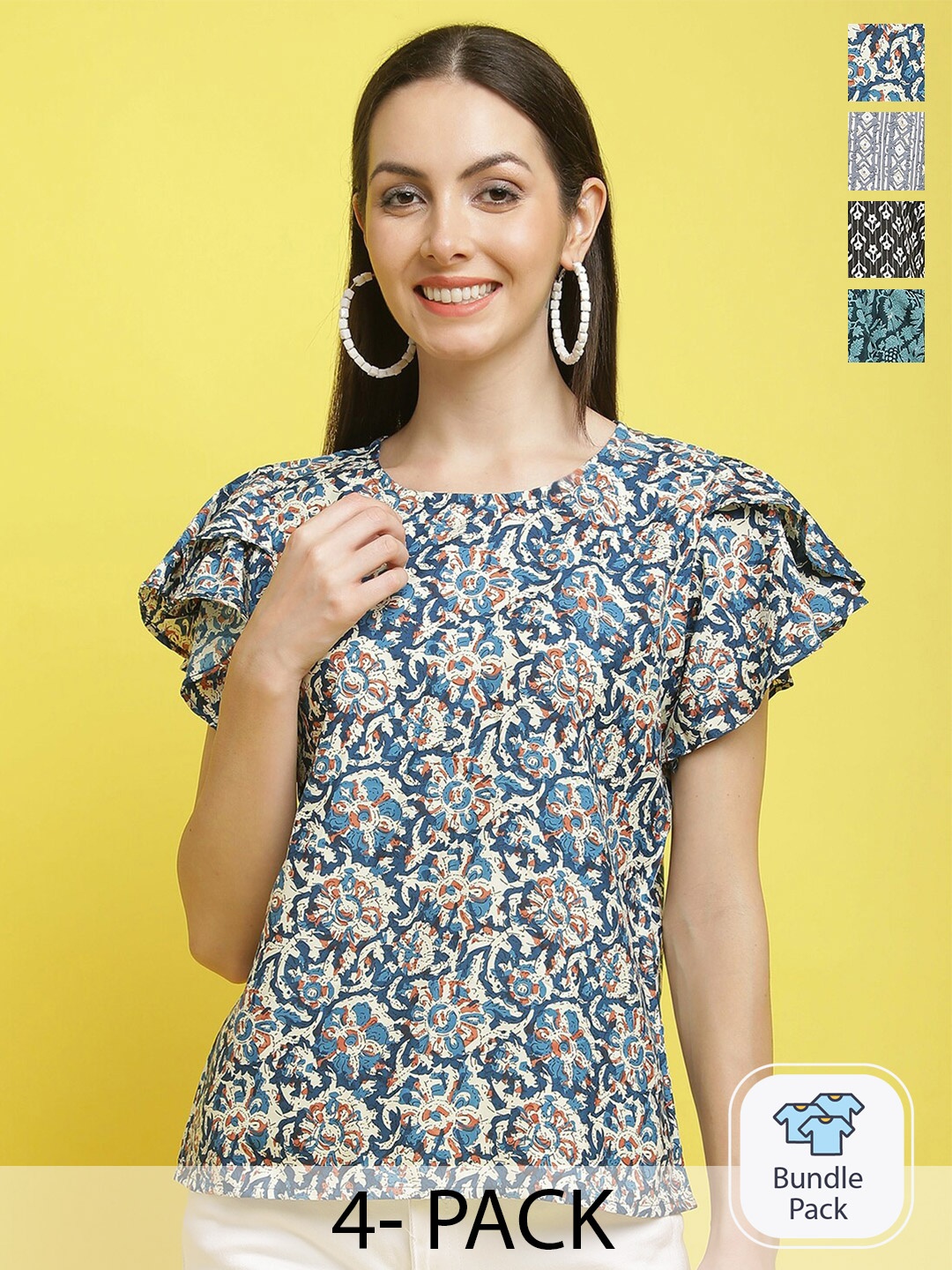 

Poshyaa Pack Of 4 Floral Printed Tops, Green
