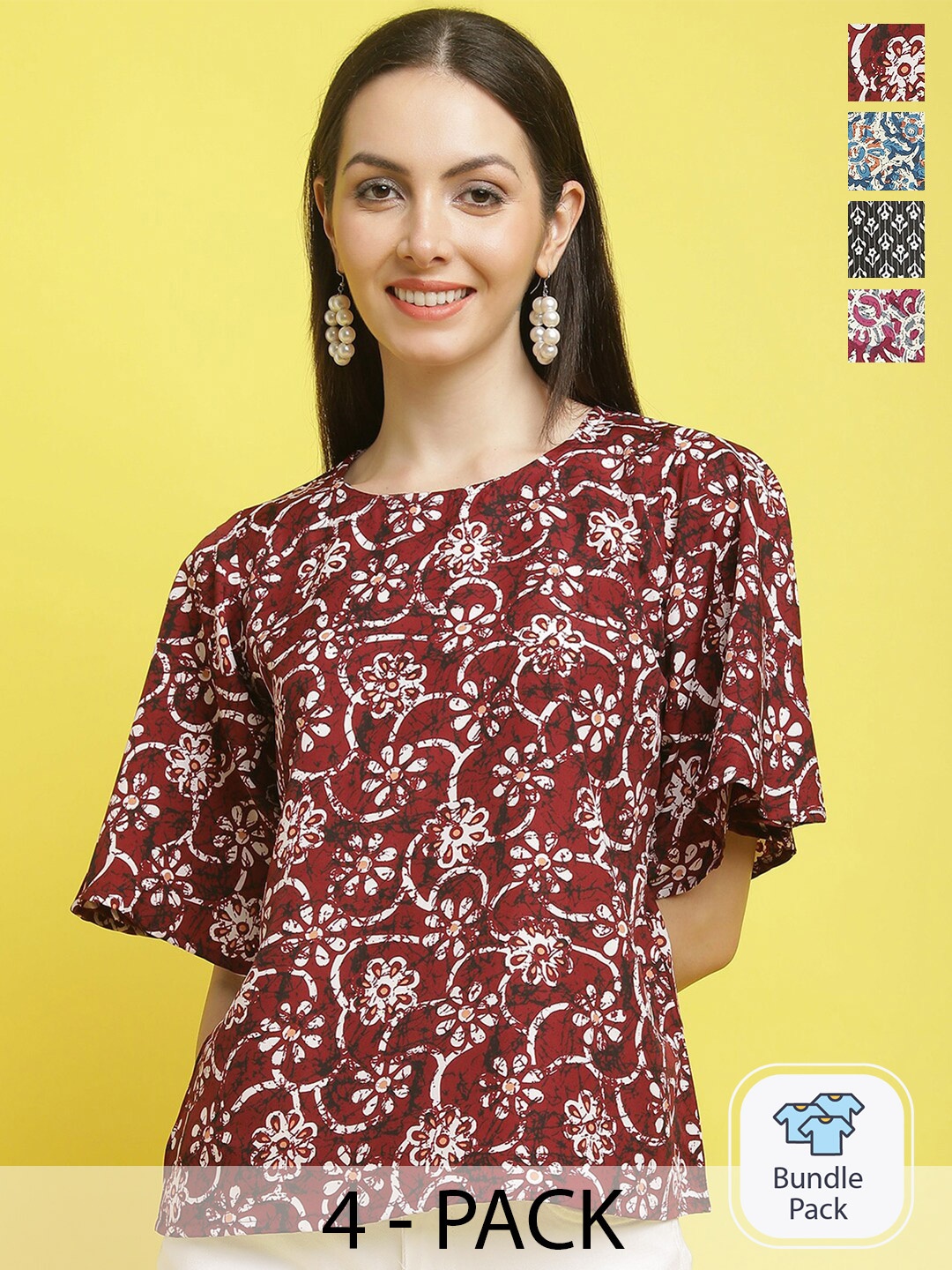 

Poshyaa Pack Of 4 Printed Casual Top, Maroon