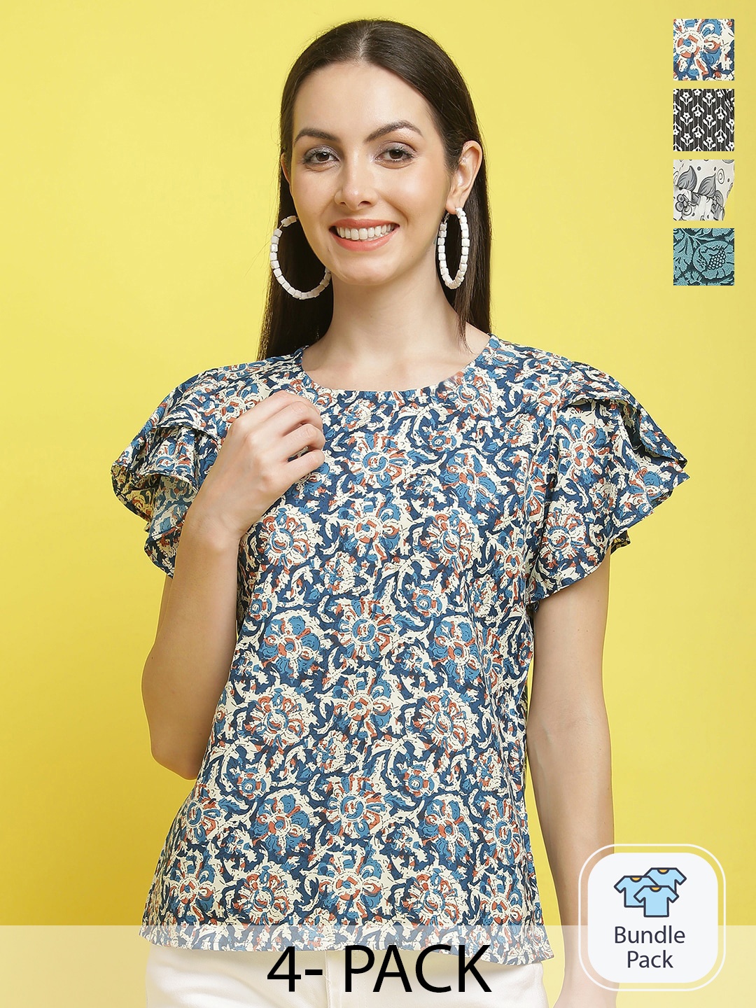 

Poshyaa Pack of 4 Floral Print Flared Sleeve Crepe Top, Blue