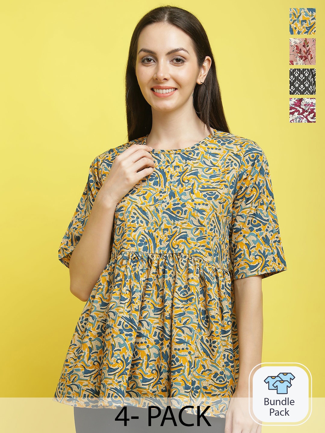 

Poshyaa Pack Of 4 Floral Printed Regular Top, Yellow