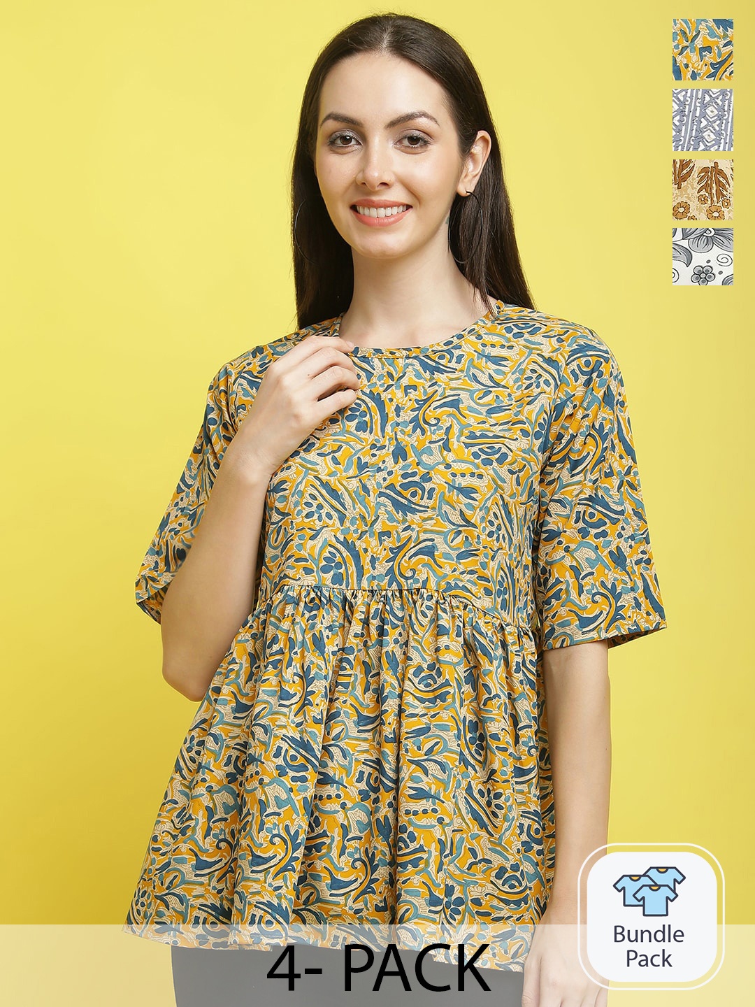 

Poshyaa Pack Of 4 Floral Printed Regular Top, Yellow