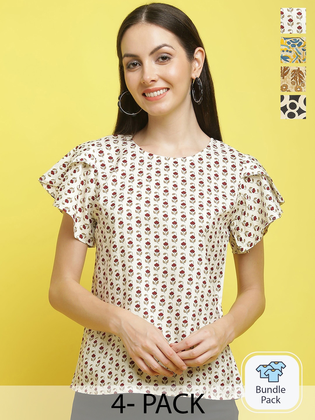 

Poshyaa Pack Of 4 Floral Printed Flared Sleeves Crepe Tops, Cream