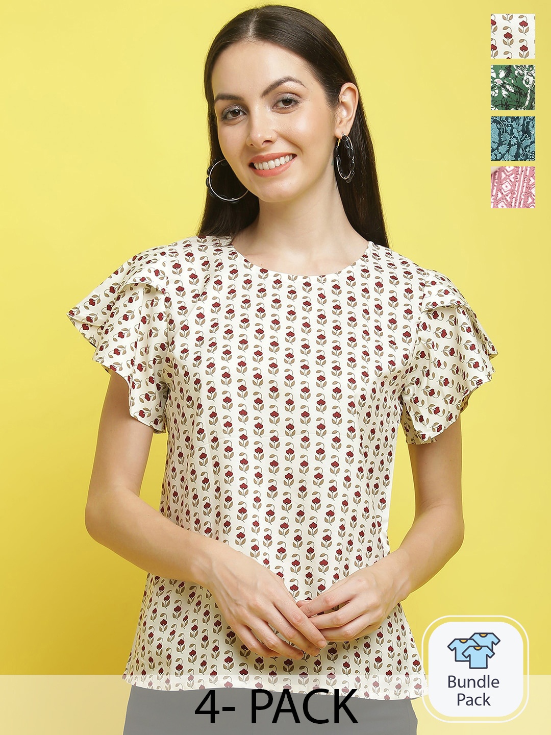 

Poshyaa Pack of 4 Ethnic Motifs Printed Flared Sleeves Top, White