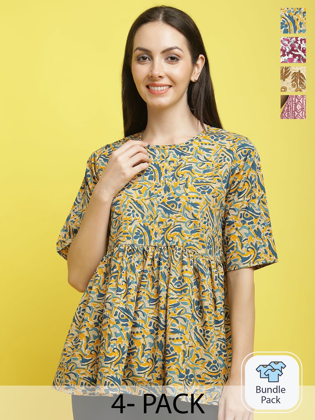 

Poshyaa Pack Of 4 Floral Printed Crepe Top, Yellow