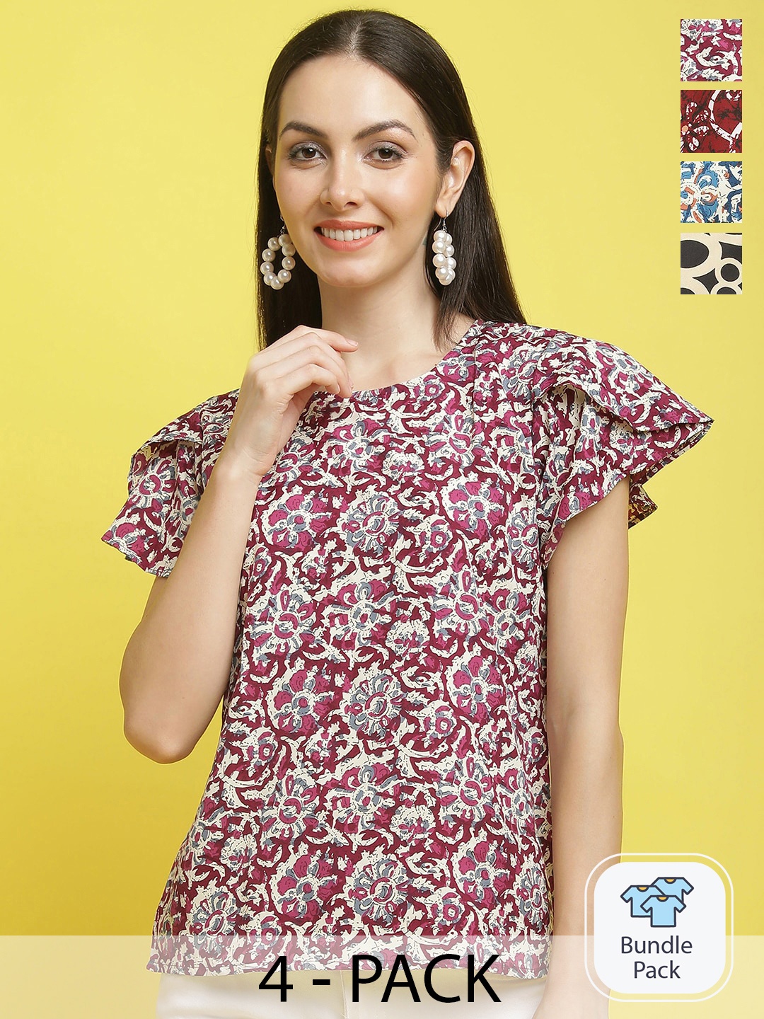 

Poshyaa Pack Of 4 Floral Printed Flared Sleeves Crepe Tops, Magenta