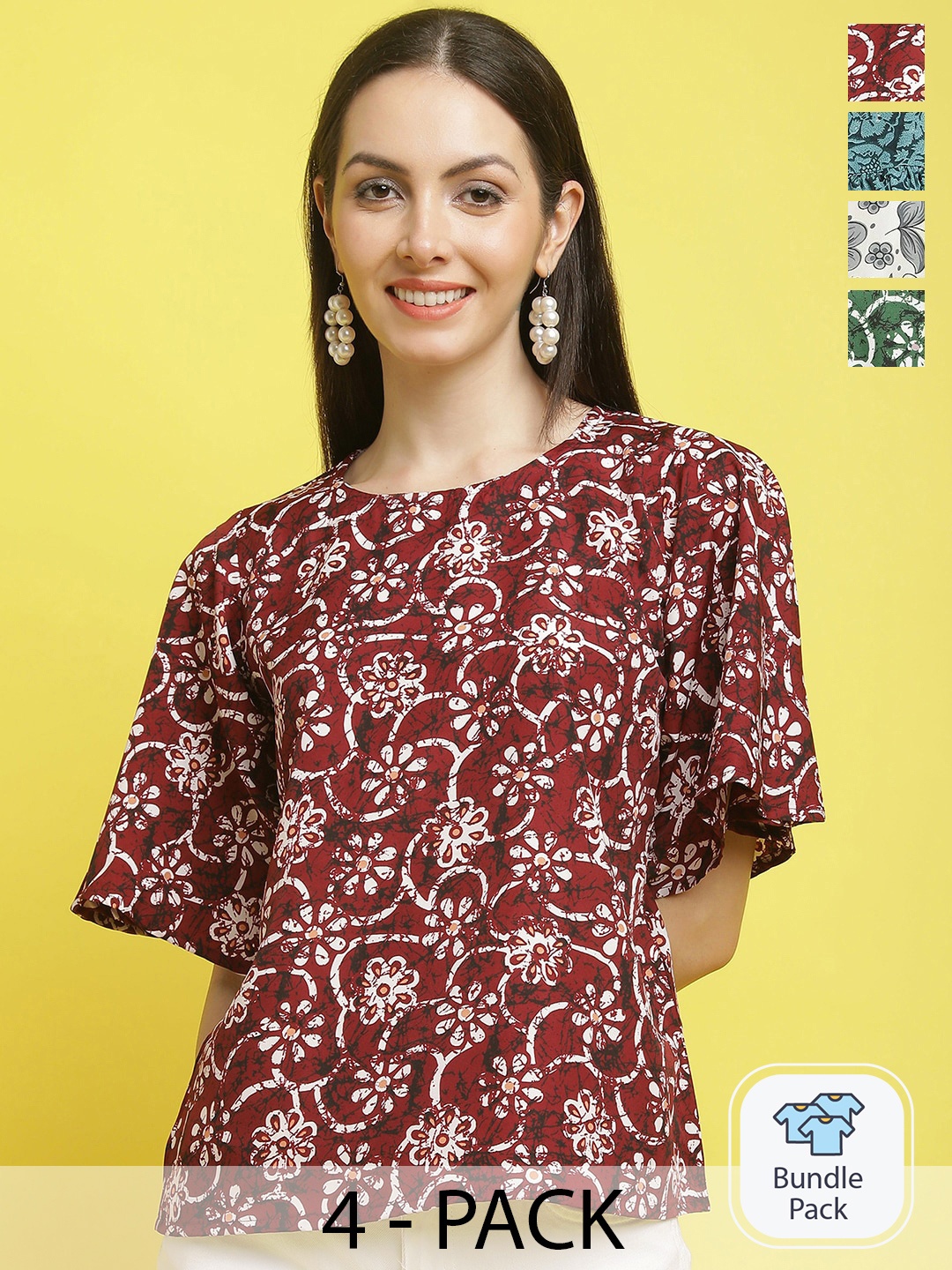 

Poshyaa Pack Of 4 Floral Printed Casual Crepe Tops, Maroon