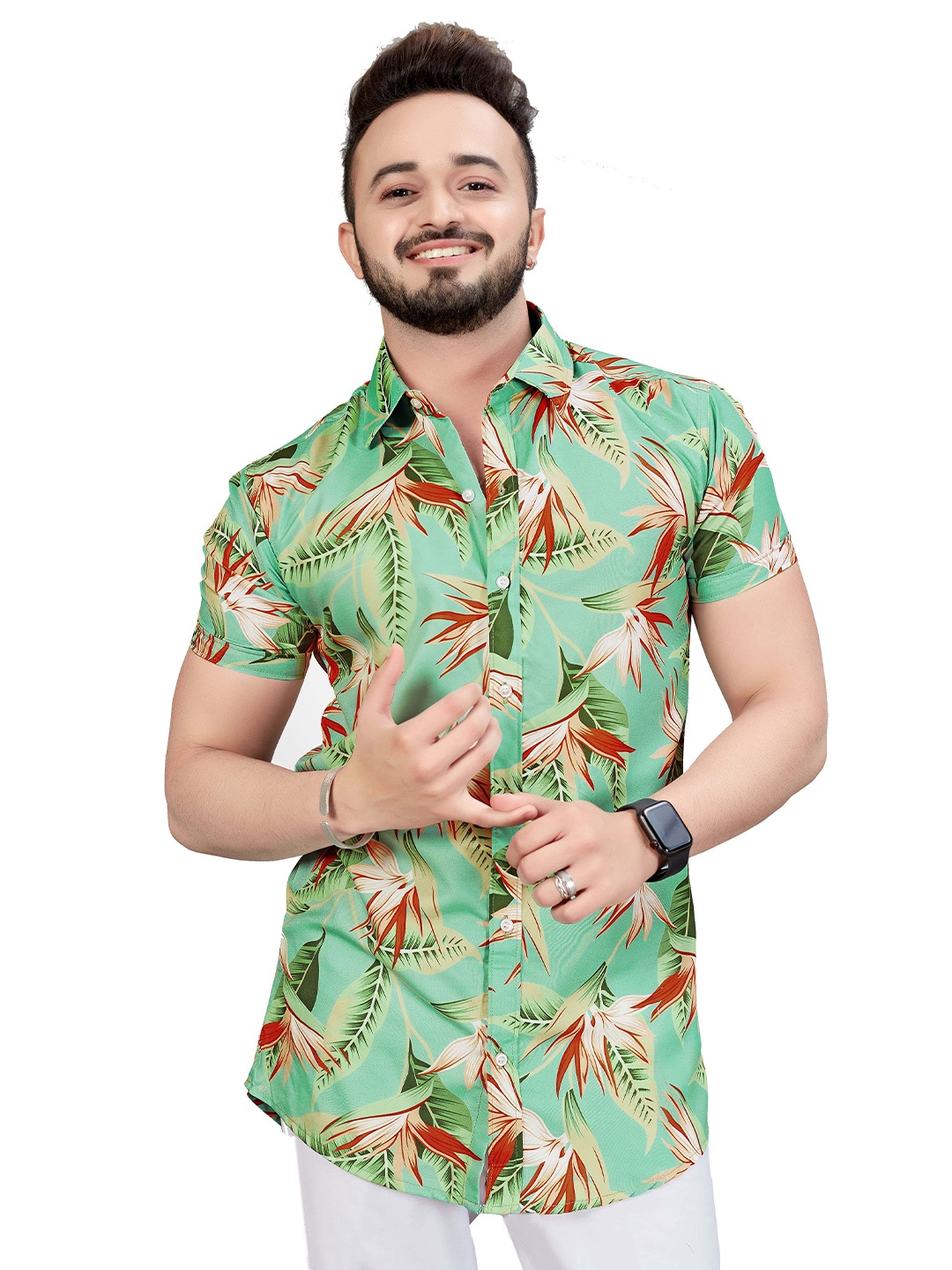 

Bought First Premium Tropical Printed Organic Cotton Casual Shirt, Green