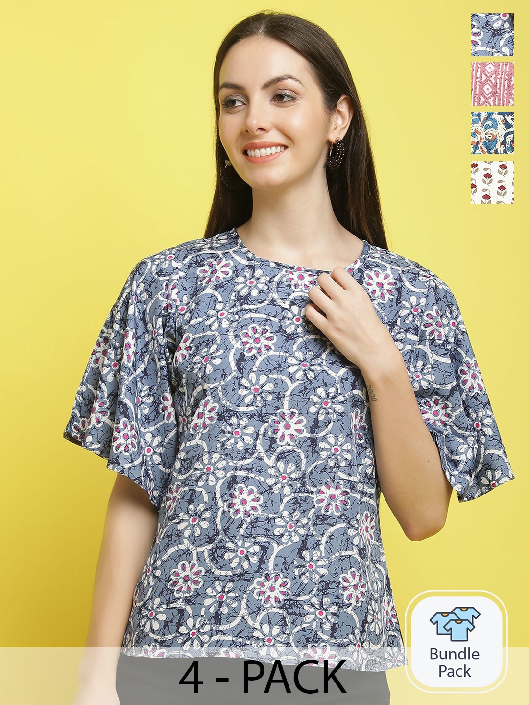 

Poshyaa Pack Of 4 Floral Printed Regular Top, Grey
