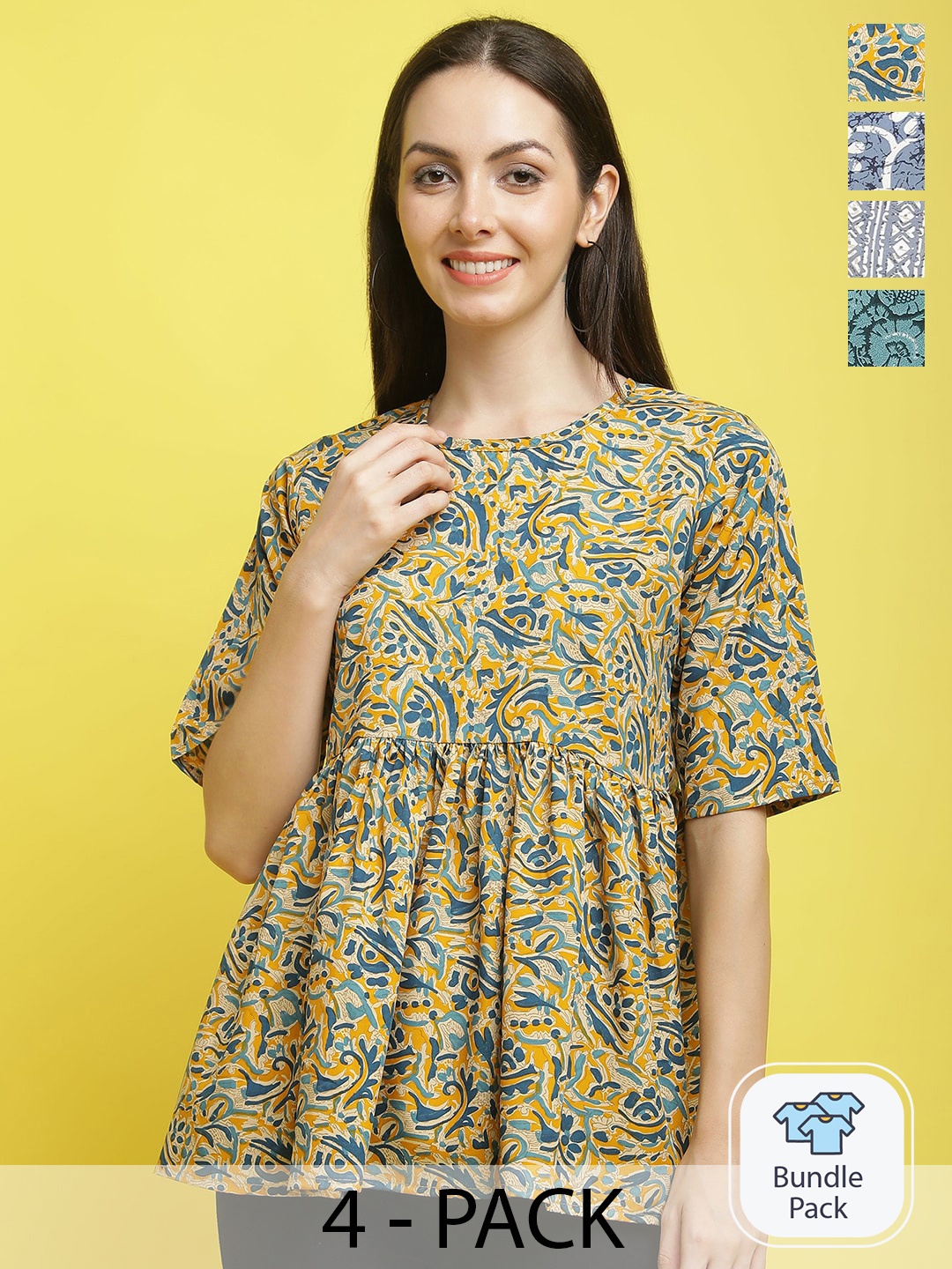 

Poshyaa Pack Of 4 Printed Round Neck Top, Yellow