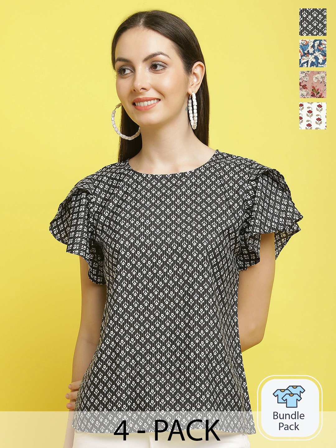 

Poshyaa Pack Of 4 Floral Printed Flutter Sleeve Empire Top, Black