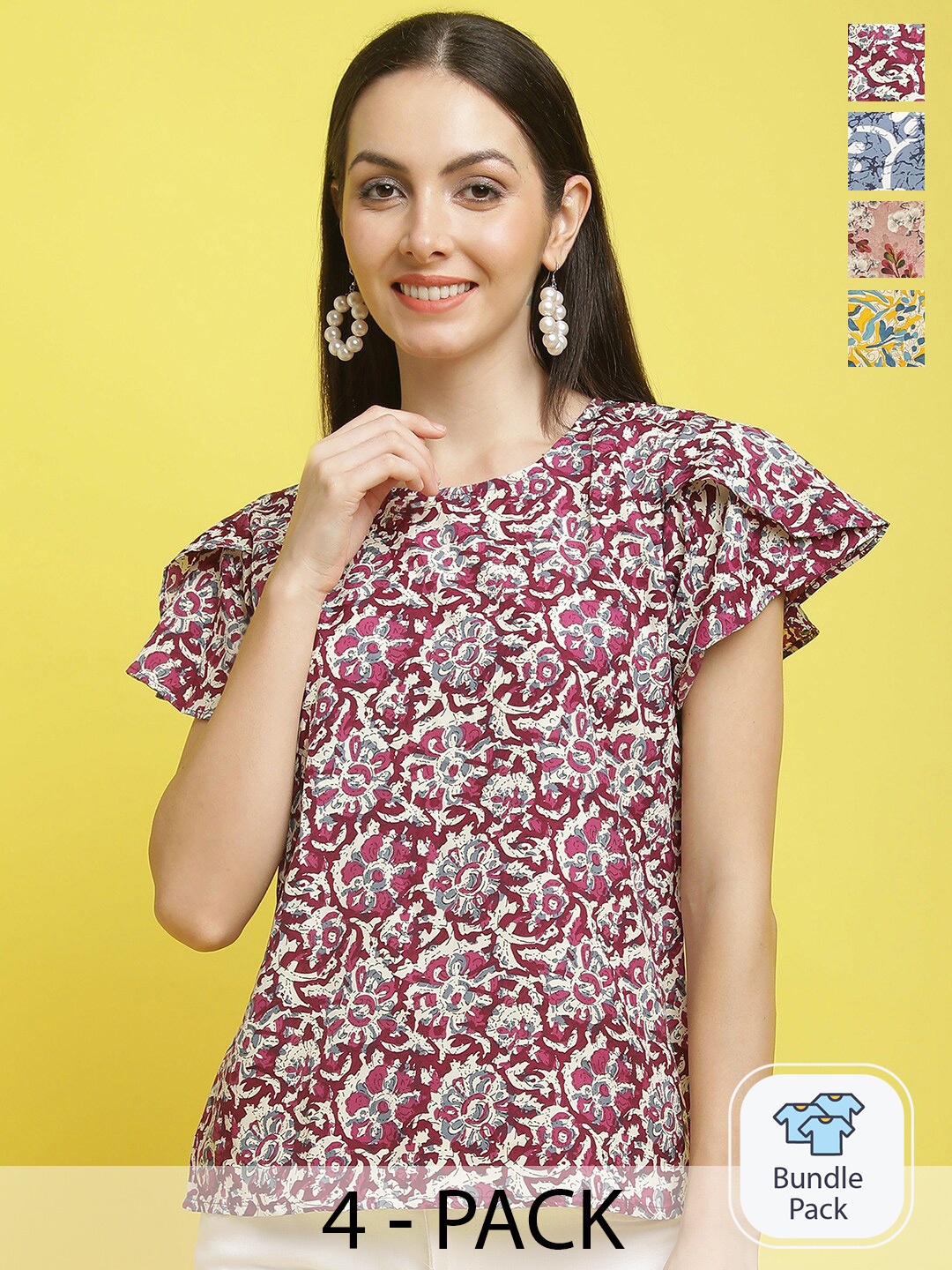 

Poshyaa Pack Of 4 Floral Printed Flutter Sleeve Empire Top, Maroon