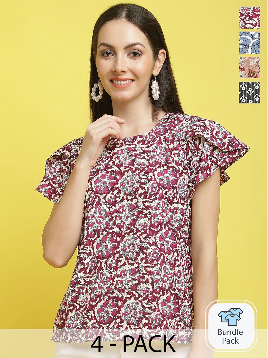 

Poshyaa Pack Of 4 Floral Printed Flared Sleeves Crepe Tops, Magenta