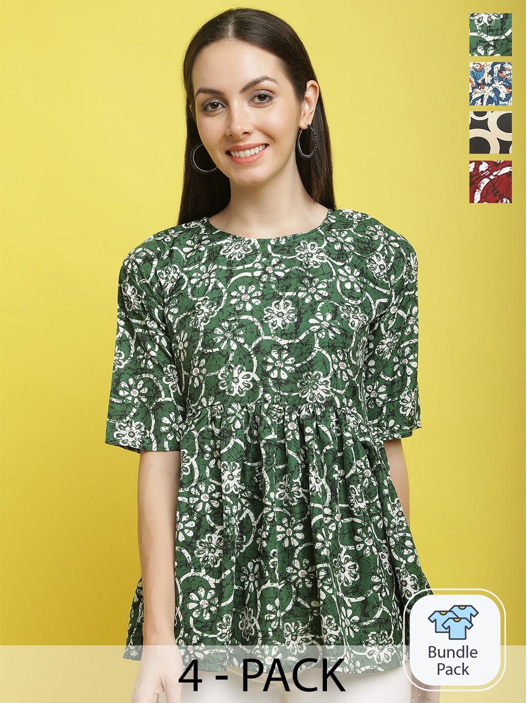 

Poshyaa Pack of 4 Floral Print Flared Sleeve Crepe Top, Green