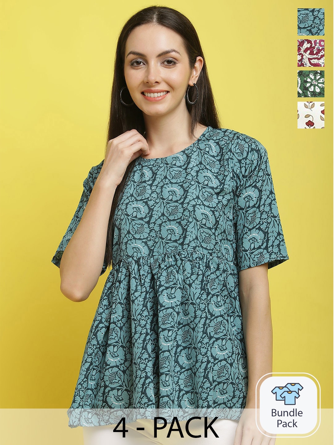 

Poshyaa Pack Of 4 Floral Printed Casual Crepe Tops, Blue