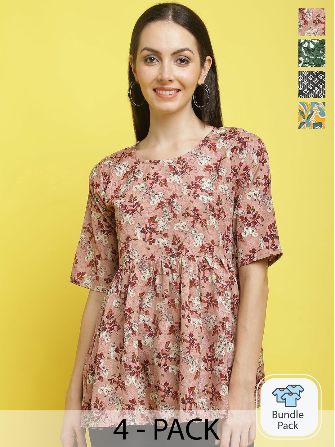 

Poshyaa Pack Of 4 Printed Round Neck Tops, Peach