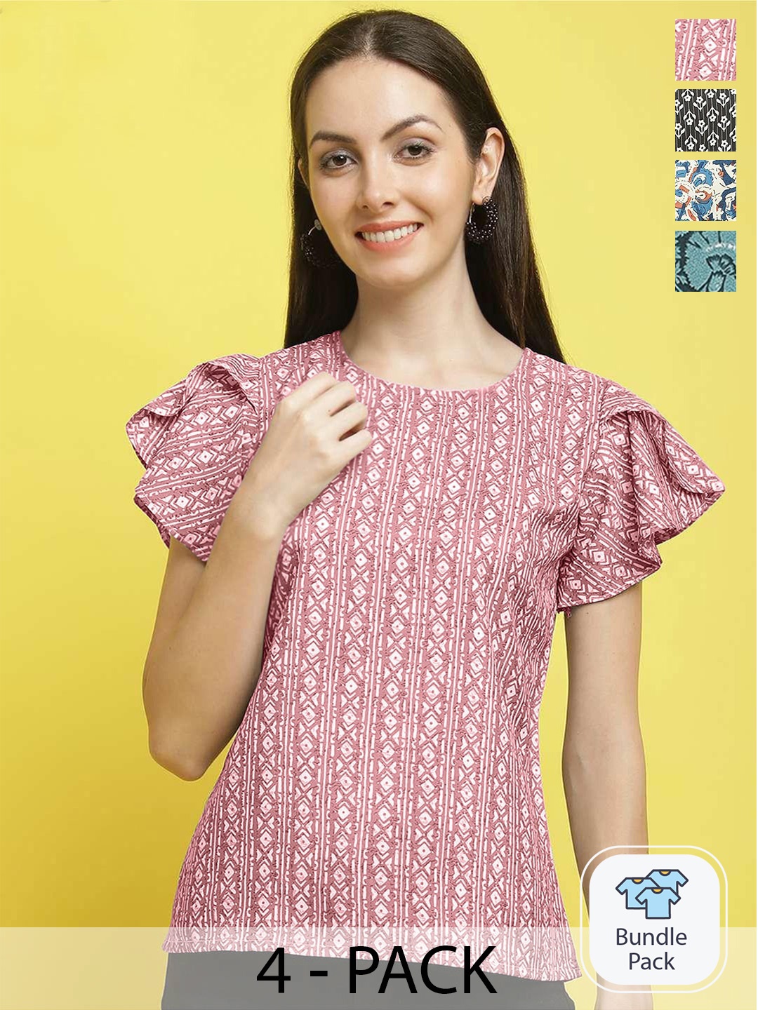 

Poshyaa Pack Of 4 Printed Crepe Tops, Pink