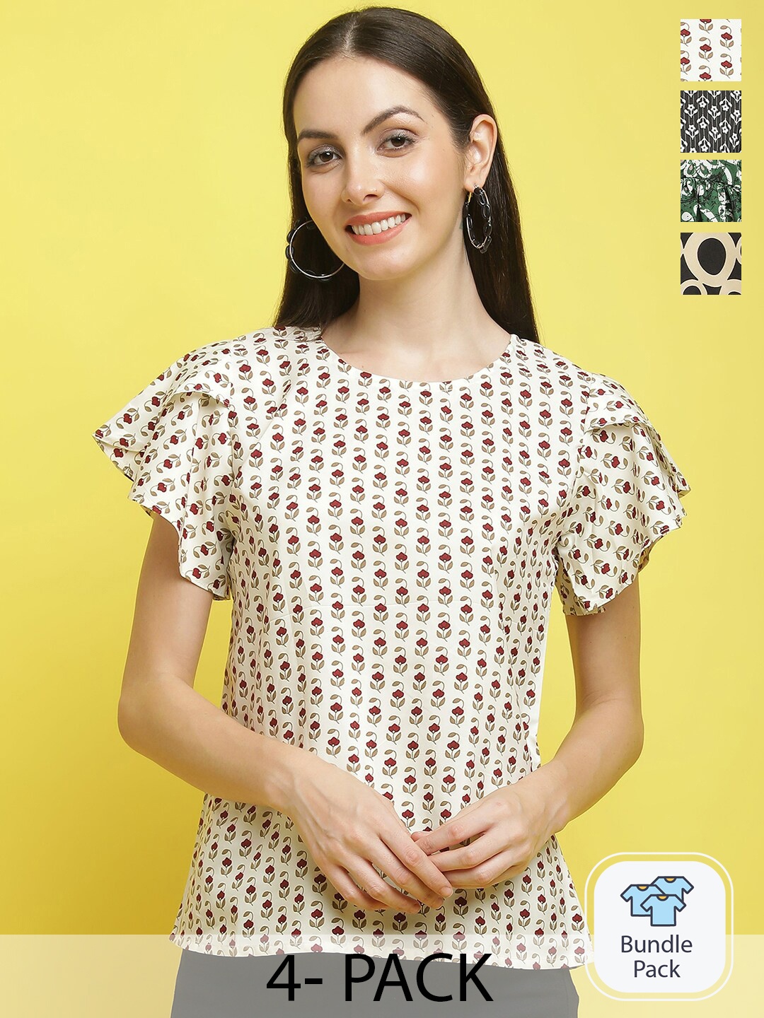 

Poshyaa Pack Of 4 Floral Printed Regular Tops, White
