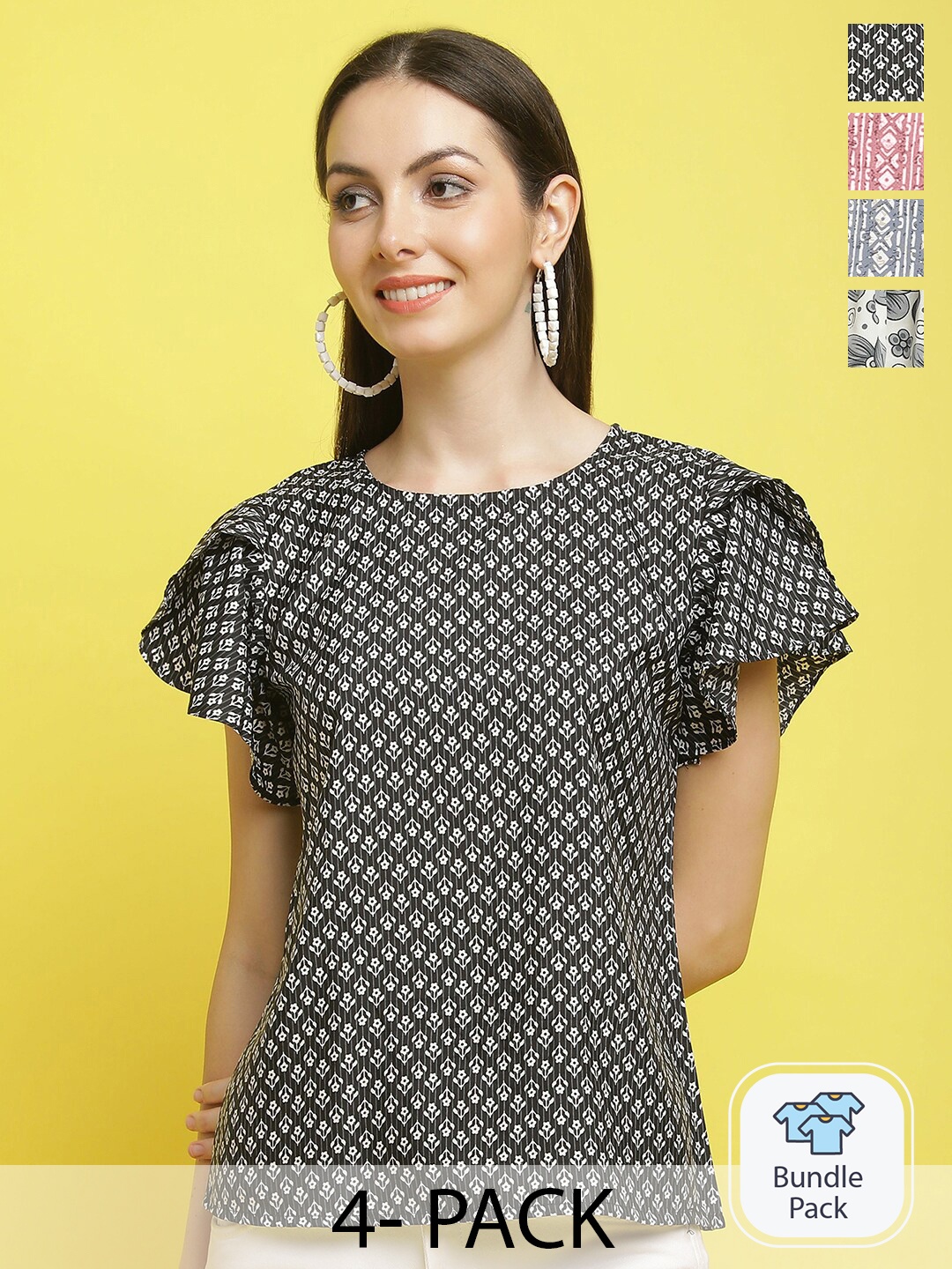 

Poshyaa Pack Of 4 Floral Printed Flutter Sleeve Top, Black