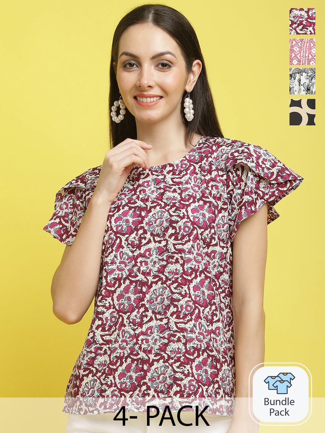 

Poshyaa Pack Of 4 Printed Crepe Top, Maroon