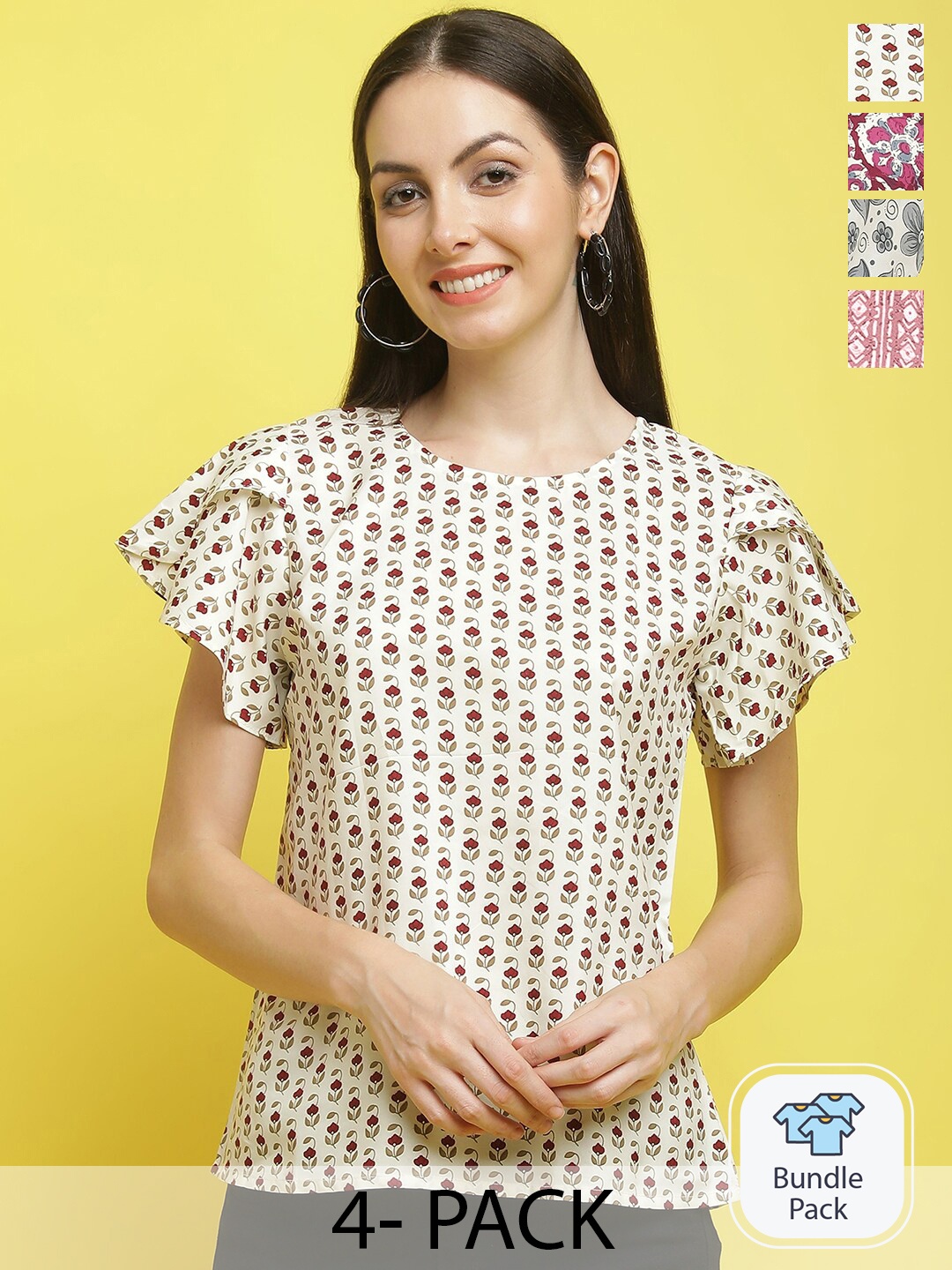 

Poshyaa Pack Of 4 Printed Crepe Top, Cream