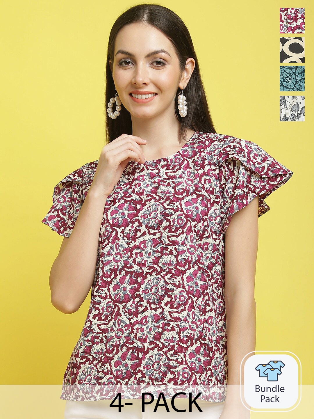 

Poshyaa Pack Of 4 Floral Printed Flared Sleeves Crepe Tops, Magenta