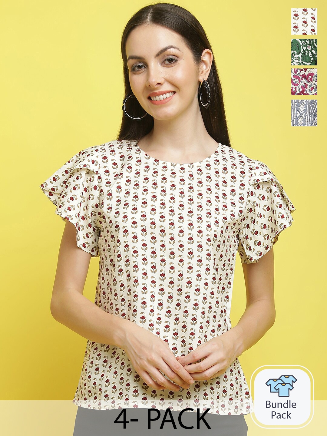 

Poshyaa Pack Of 4 Printed Crepe Top, Cream