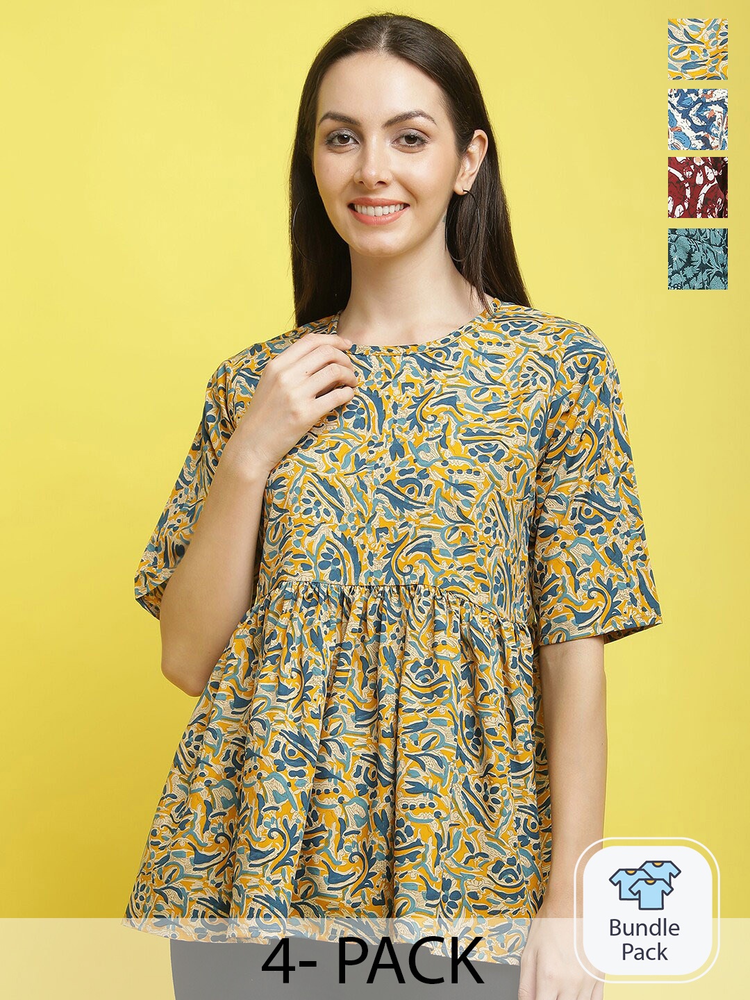 

Poshyaa Pack Of 4 Printed Flutter Sleeve Top, Yellow