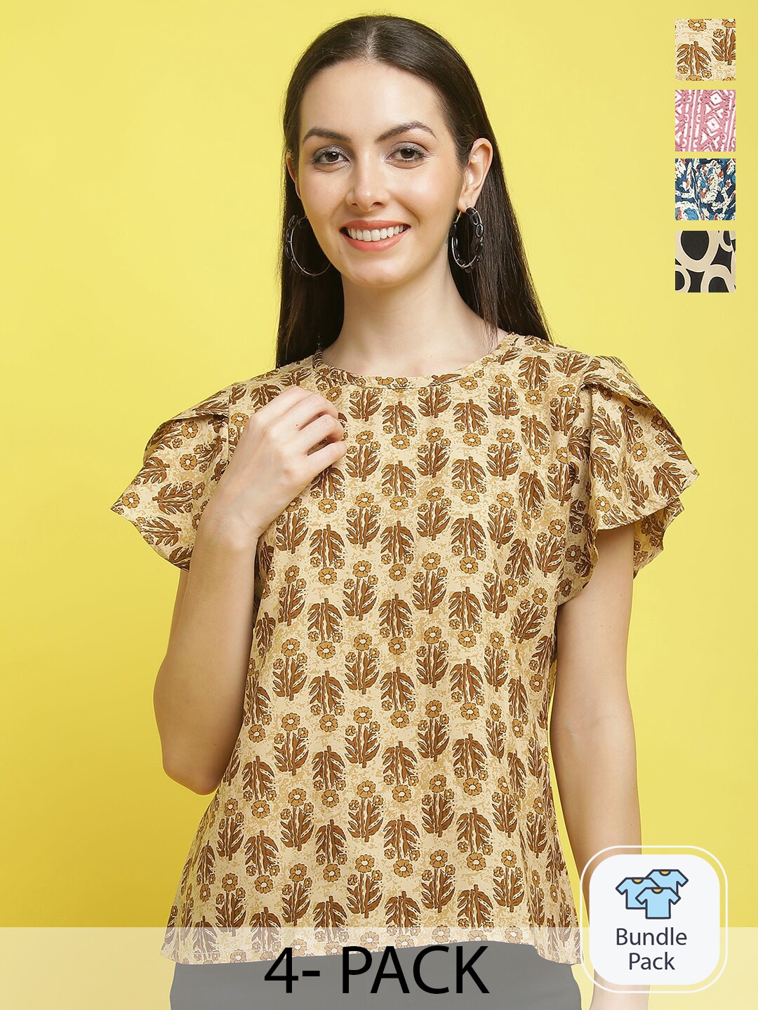 

Poshyaa Pack Of 4 Printed Flutter Sleeves Tops, Beige