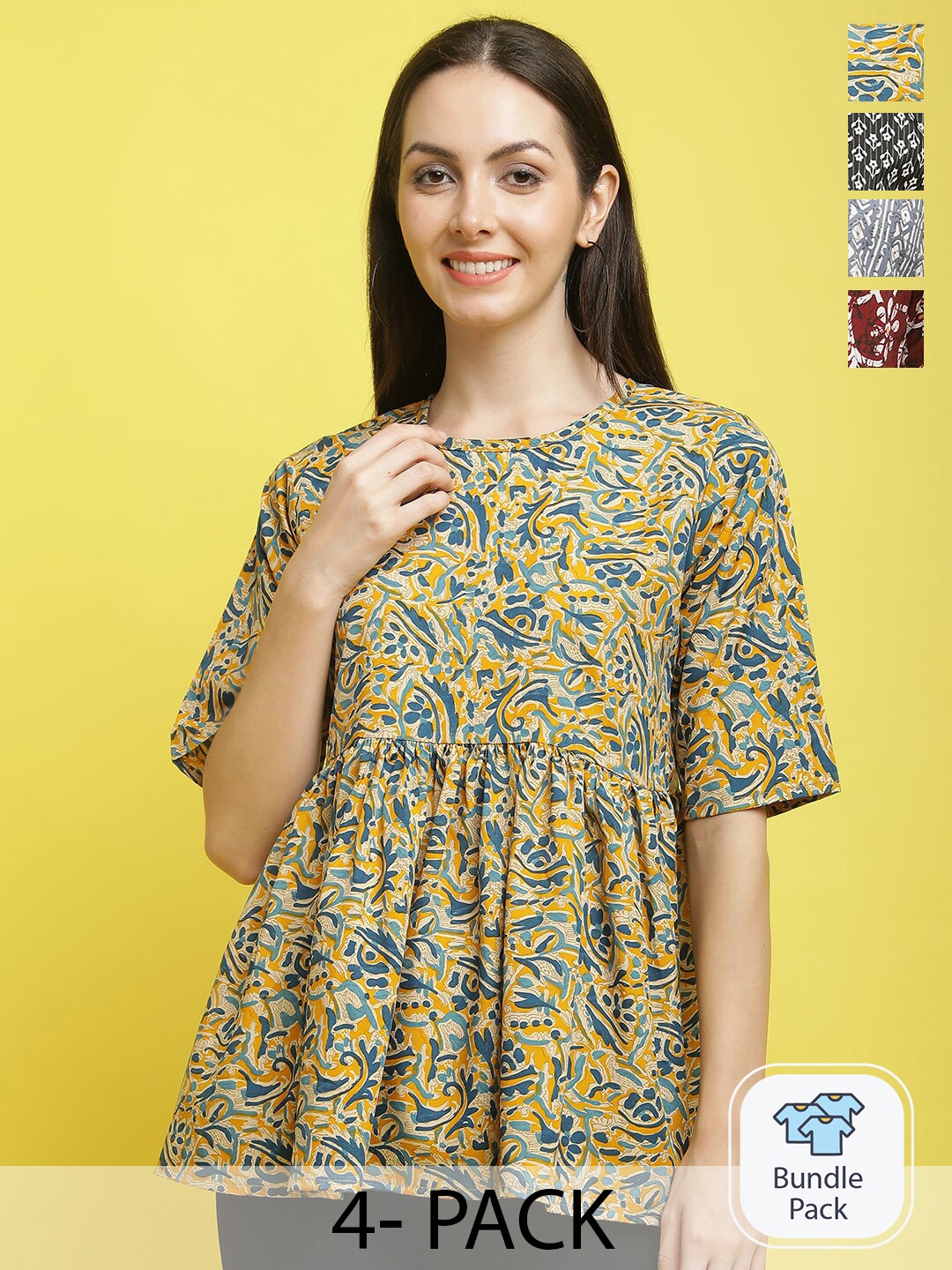 

Poshyaa Pack Of 4 Floral Printed Regular Tops, Mustard