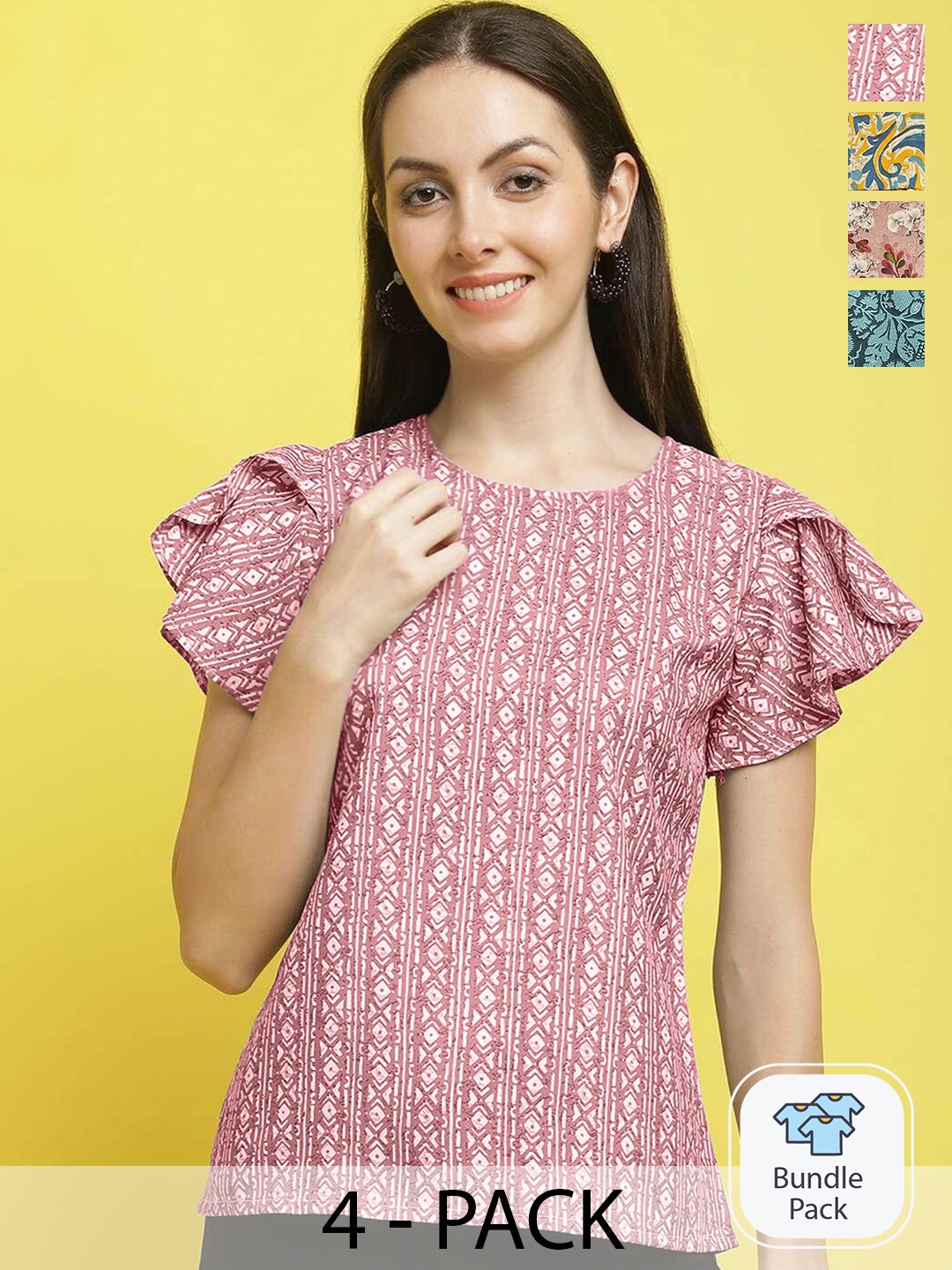 

Poshyaa Pack Of 4 Floral Printed Regular Top, Pink