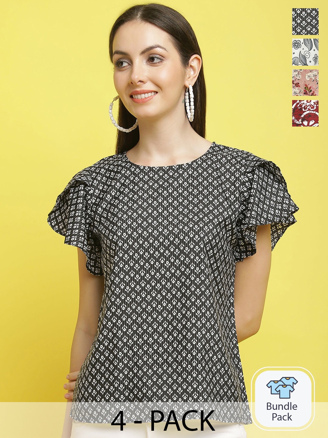 

Poshyaa Pack Of 4 Printed Regular Tops, Black