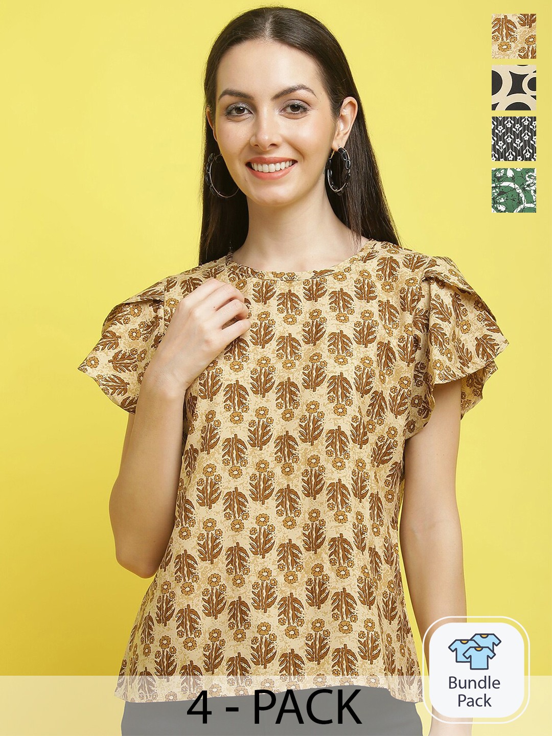 

Poshyaa Pack Of 4 Floral Printed Crepe Top, Brown