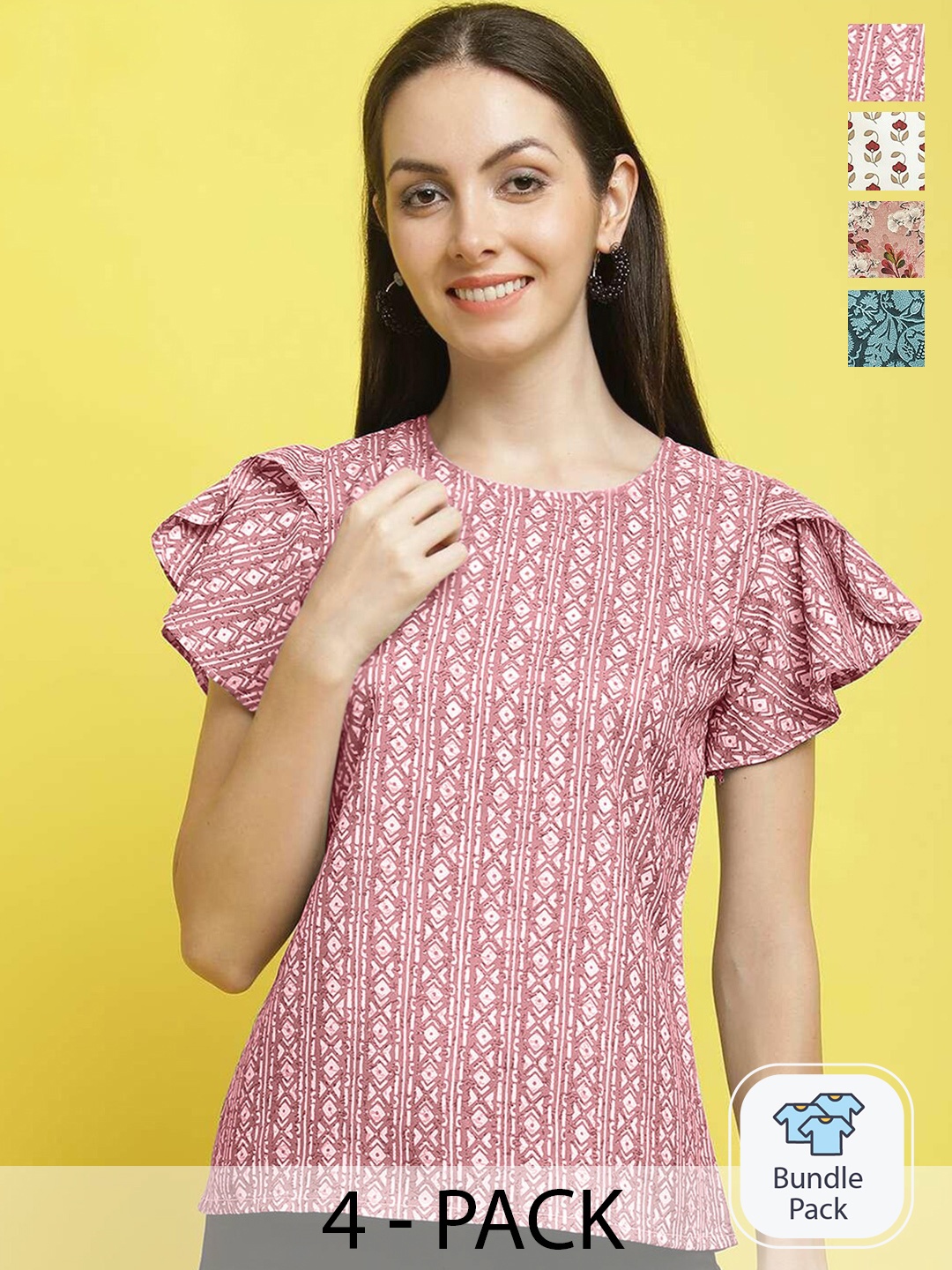 

Poshyaa Pack of 4 Printed Round Neck Crepe Top, Pink