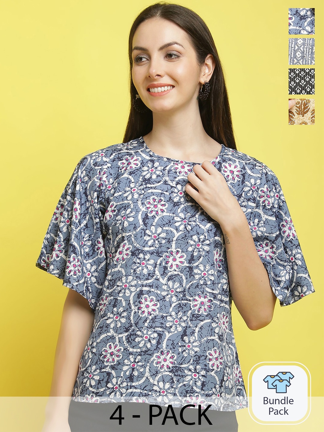 

Poshyaa Pack Of 4 Floral Printed Tops, Grey