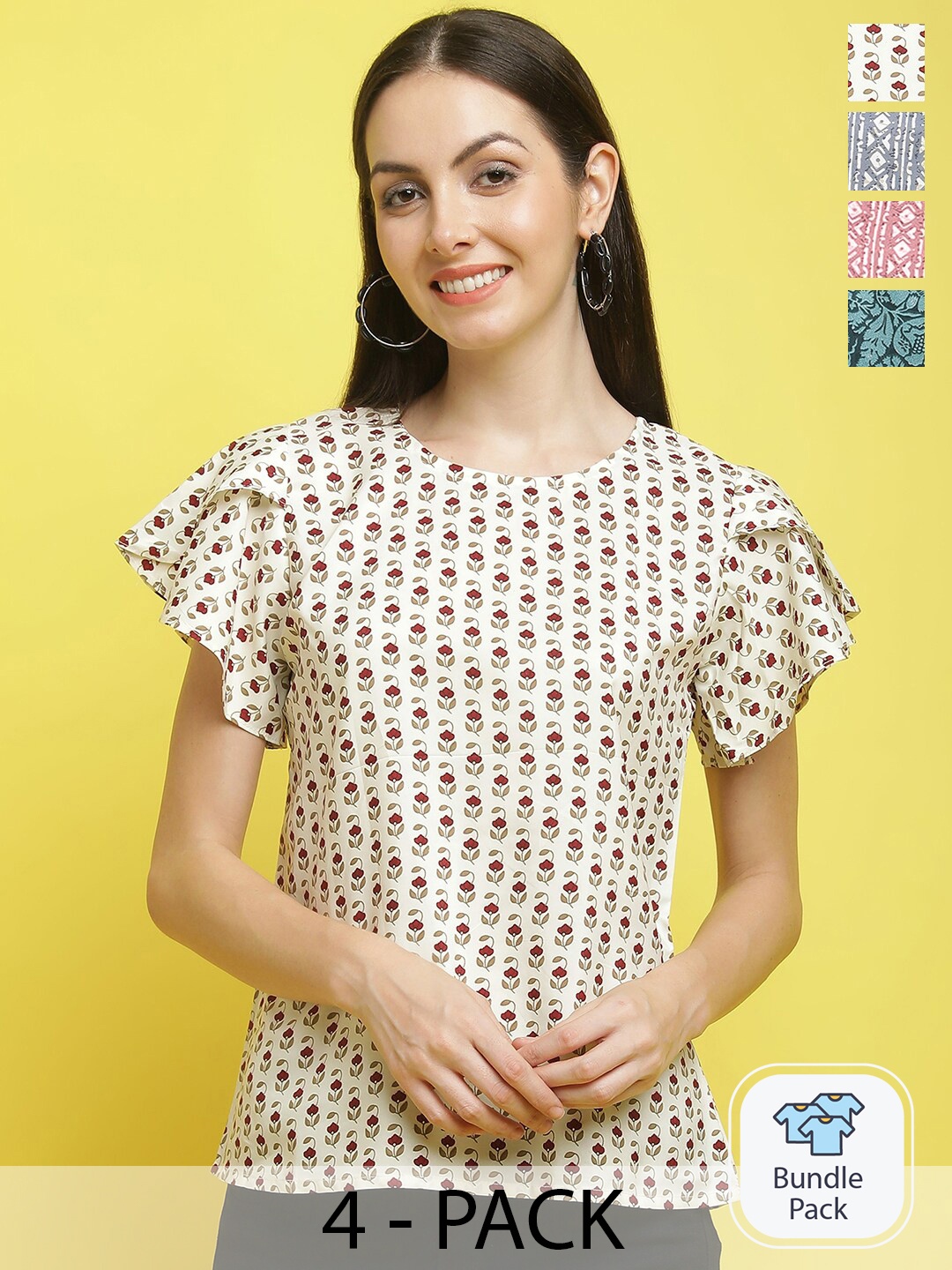 

Poshyaa Pack of 4 Printed Round Neck Regular Tops, White