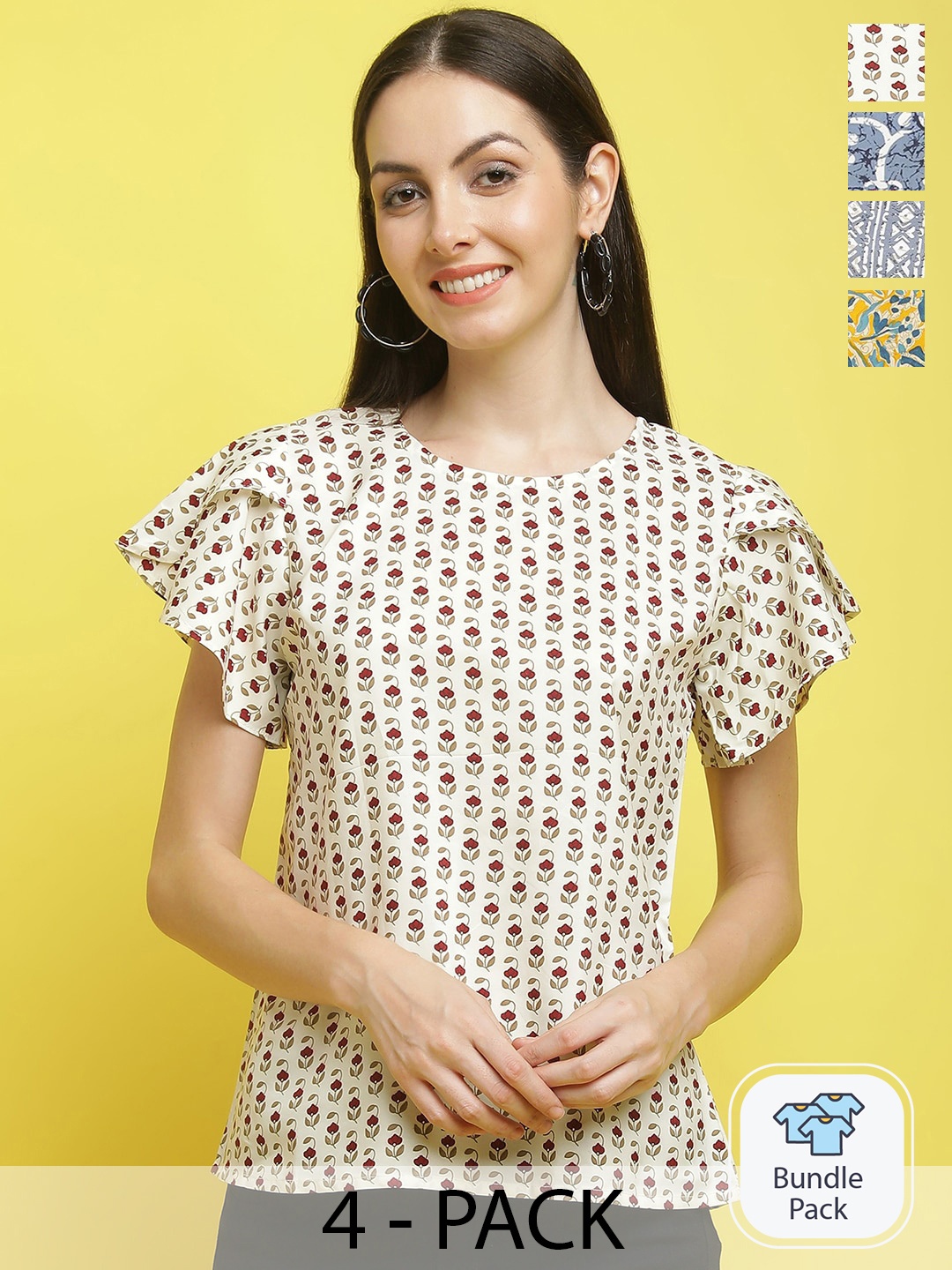 

Poshyaa Pack Of 4 Printed Flutter Sleeves Tops, Off white