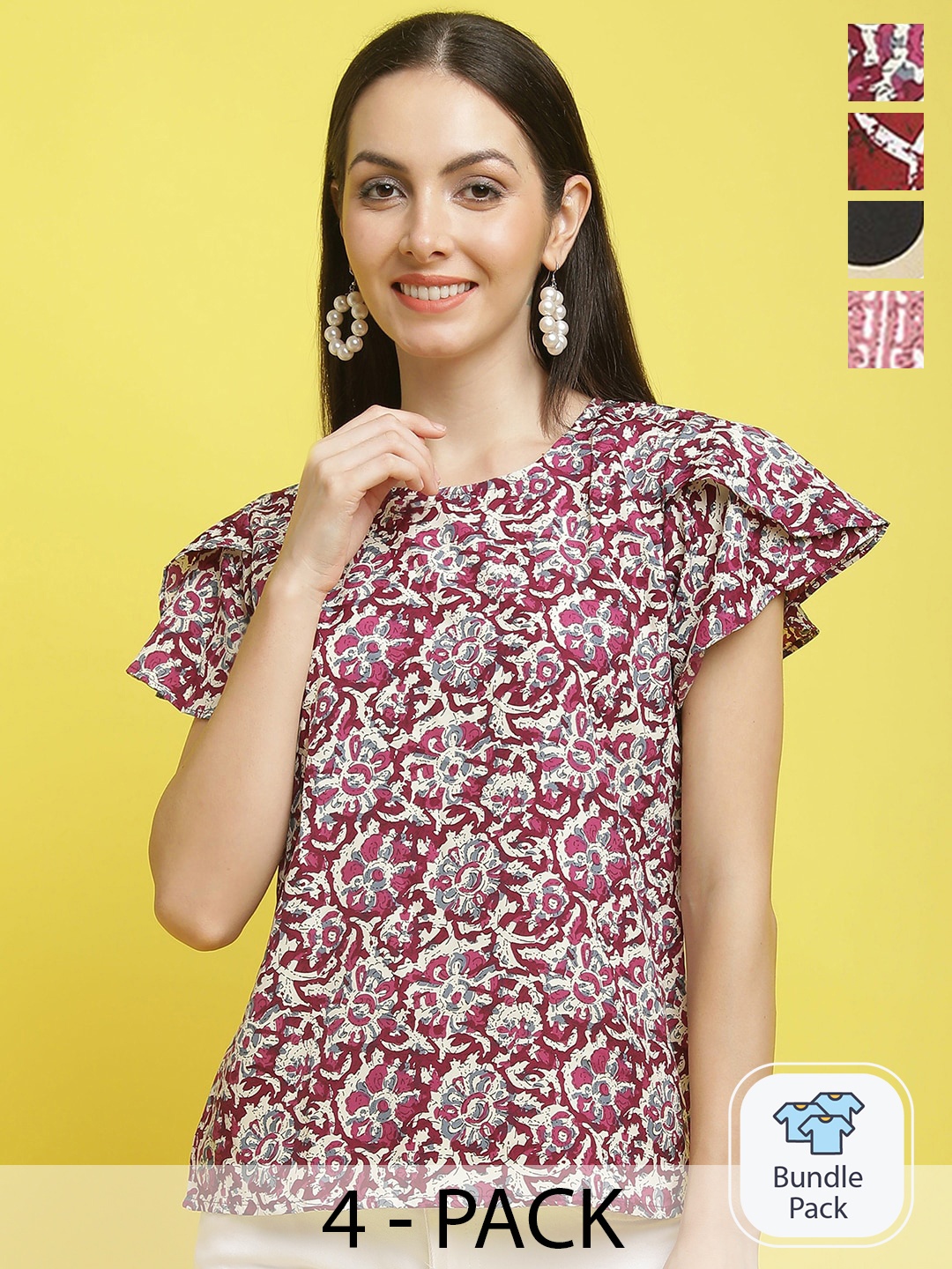 

Poshyaa Pack Of 4 Floral Printed Regular Top, Pink