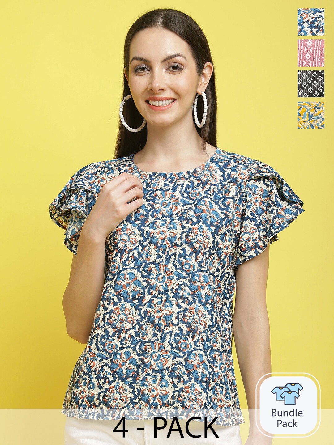 

Poshyaa Pack Of 4 Printed Flutter Sleeves Tops, Blue