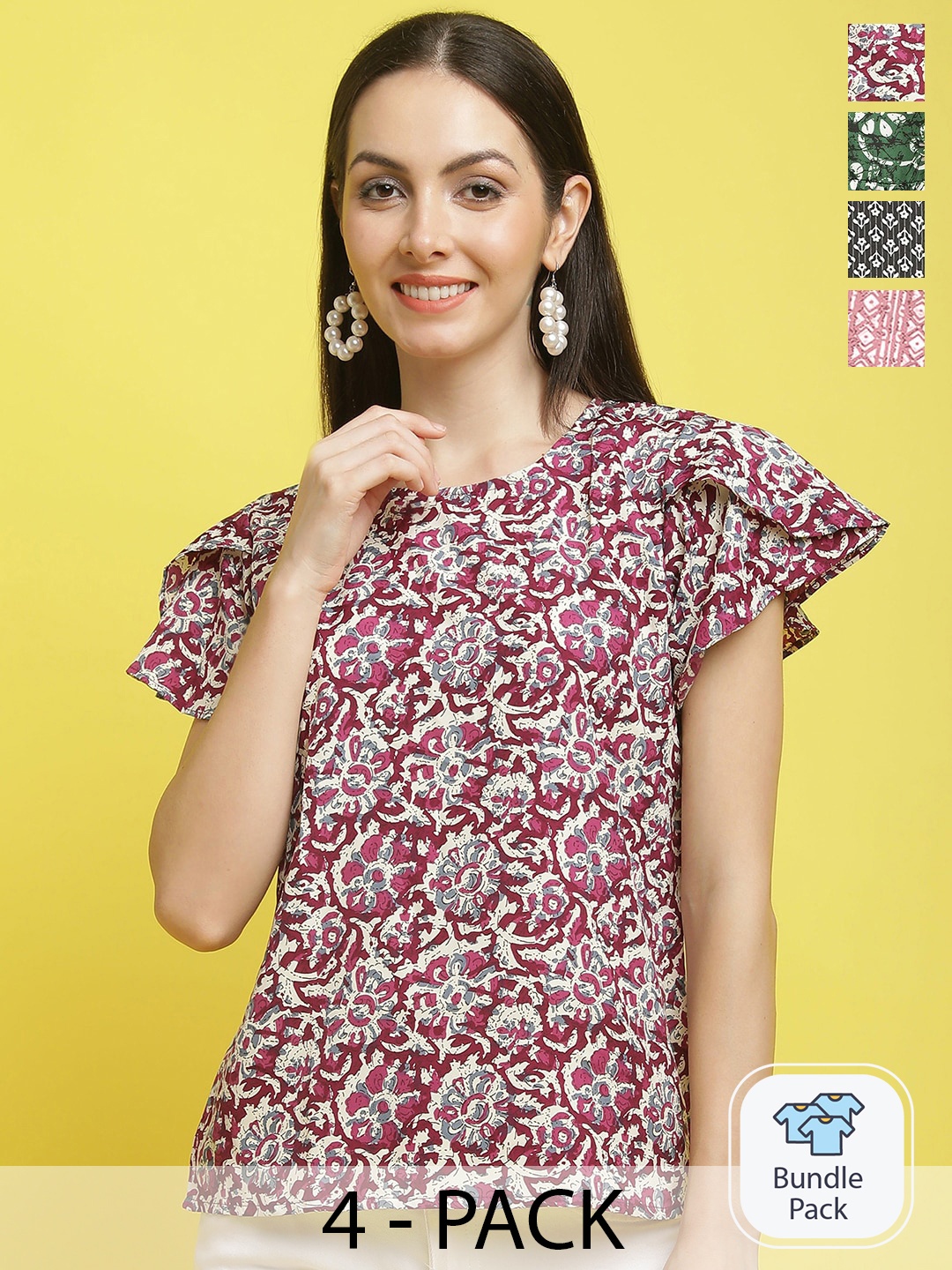 

Poshyaa Pack Of 4 Floral Printed Crepe Top, Maroon