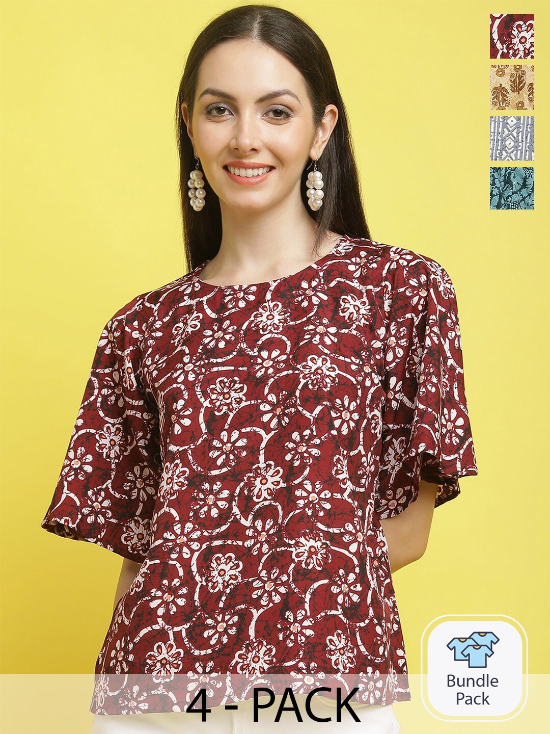 

Poshyaa Pack Of 4 Floral Printed Flutter Sleeve Empire Top, Maroon