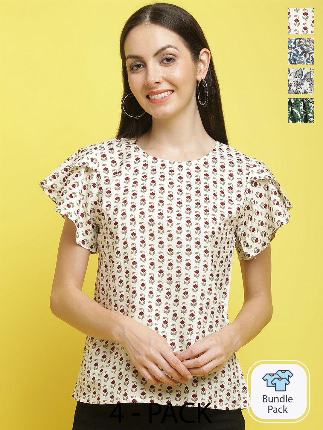

Poshyaa Pack Of 4 Printed Flutter Sleeves Tops, Off white