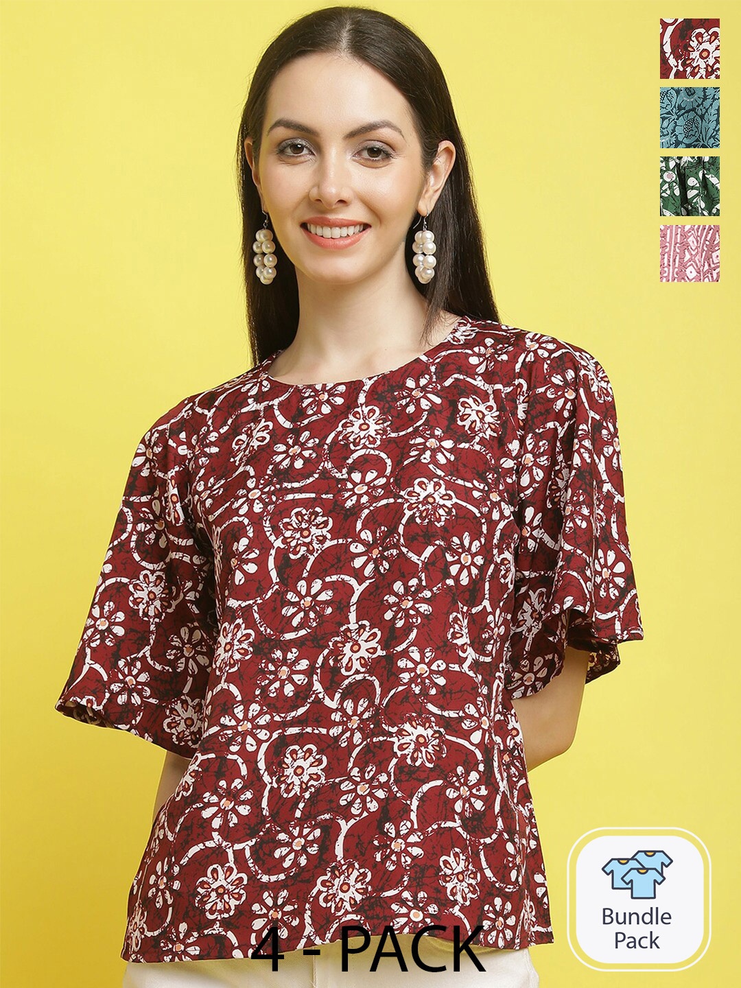 

Poshyaa Pack of 4 Printed Crepe Top, Maroon