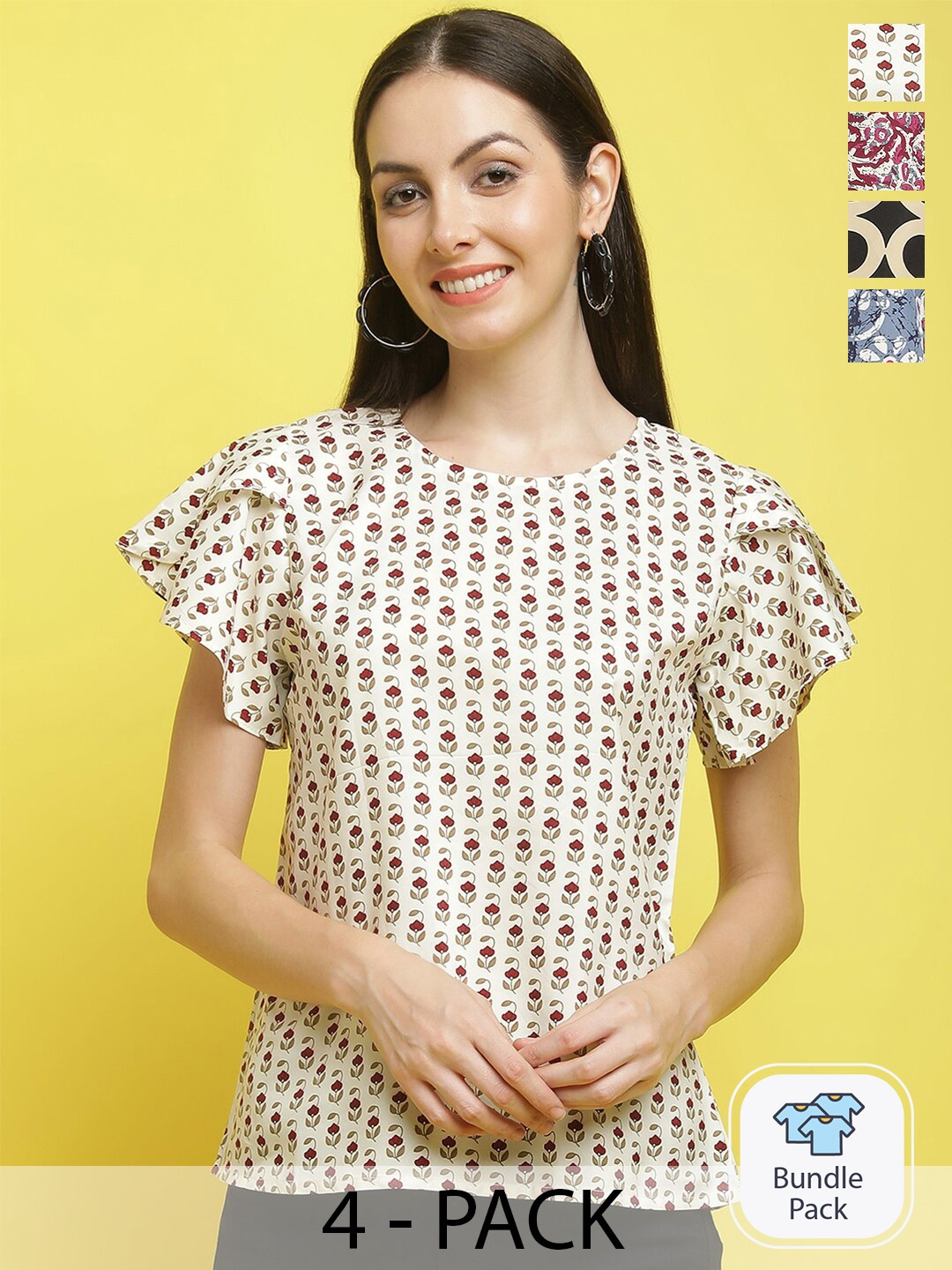 

Poshyaa Pack Of 4 Floral Printed Tops, White