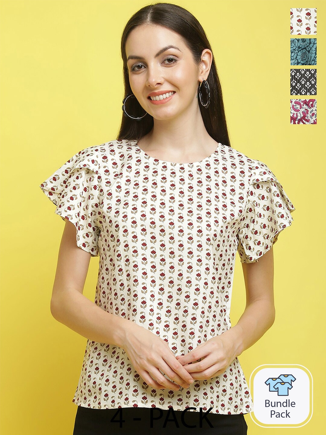 

Poshyaa Pack Of 4 Floral Printed Crepe Top, Beige
